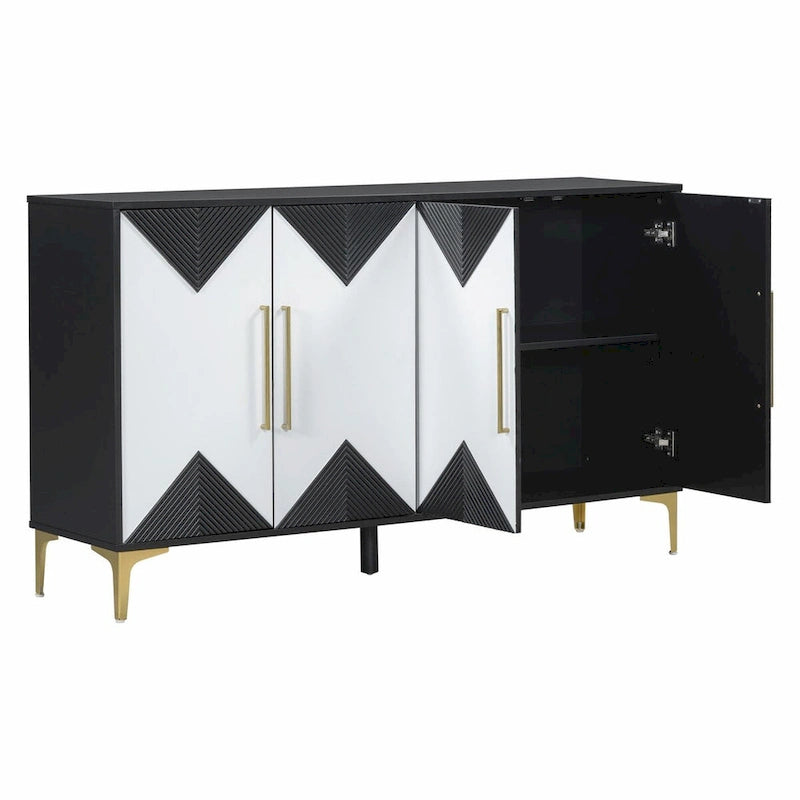 Buffet à motif triangulaire géométrique à quatre portes avec pieds en métal doré