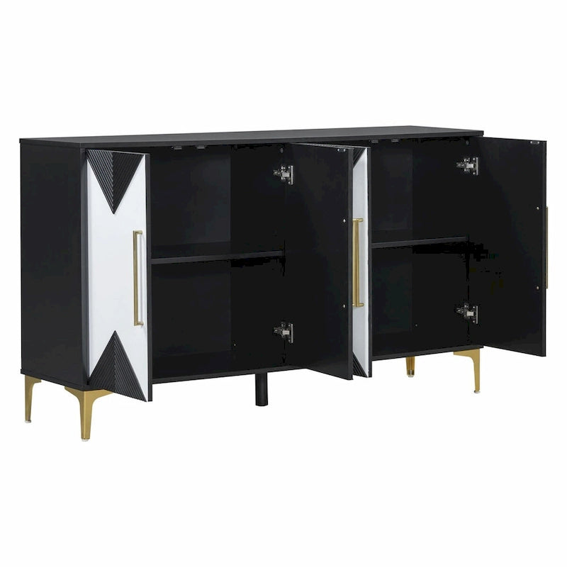 Buffet à motif triangulaire géométrique à quatre portes avec pieds en métal doré