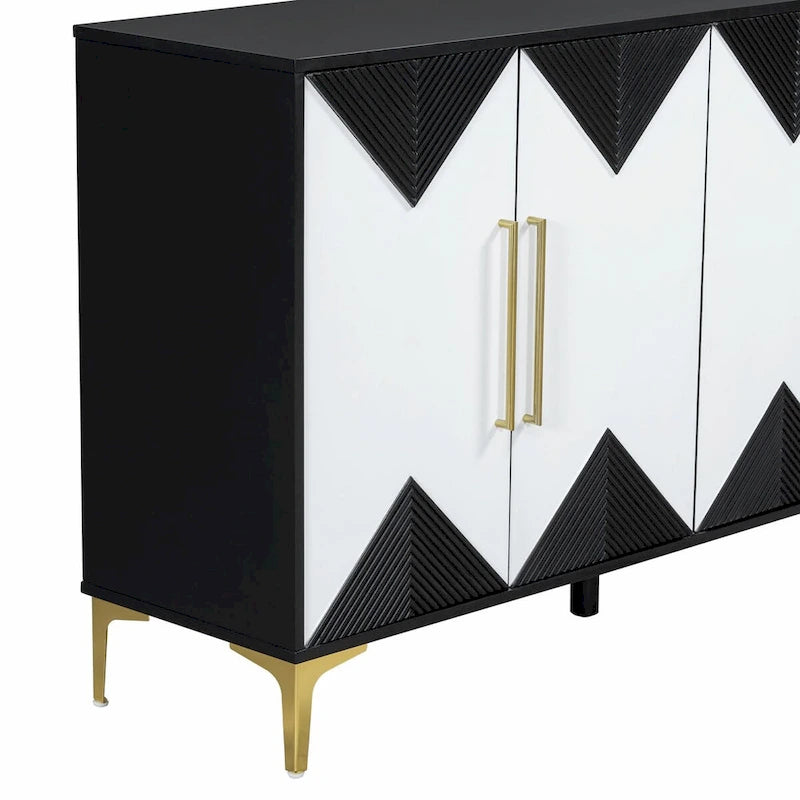 Buffet à motif triangulaire géométrique à quatre portes avec pieds en métal doré