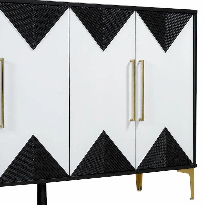 Buffet à motif triangulaire géométrique à quatre portes avec pieds en métal doré