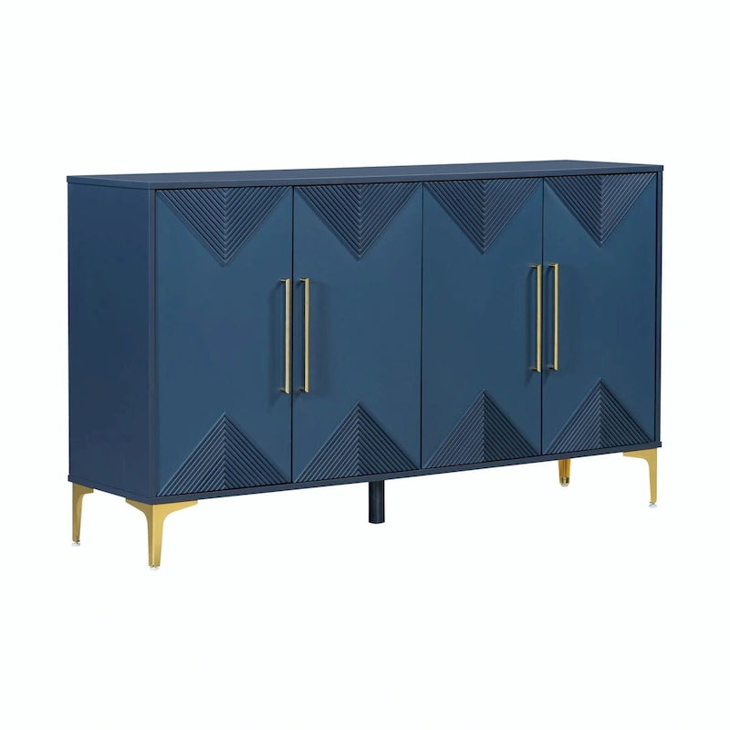 Buffet à motif triangulaire géométrique à quatre portes avec pieds en métal doré