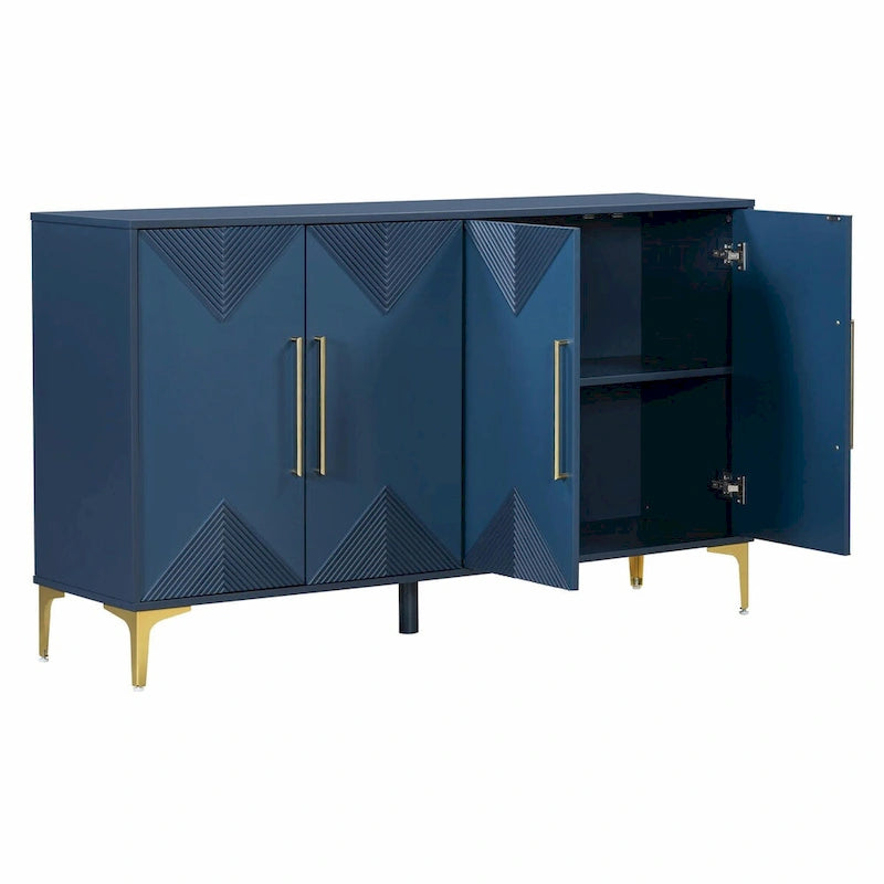 Buffet à motif triangulaire géométrique à quatre portes avec pieds en métal doré