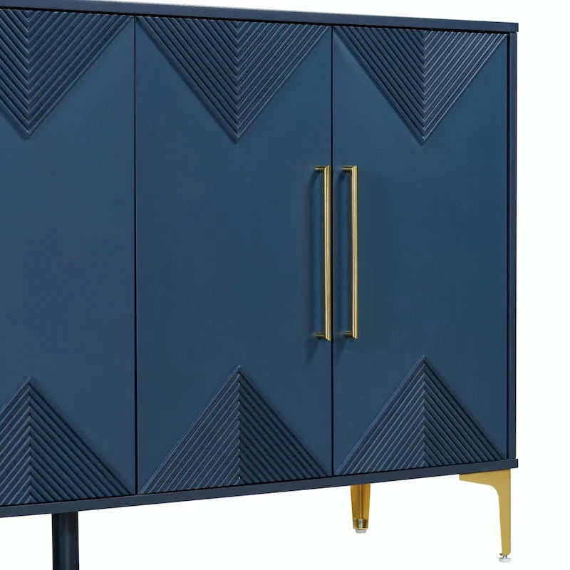 Buffet à motif triangulaire géométrique à quatre portes avec pieds en métal doré