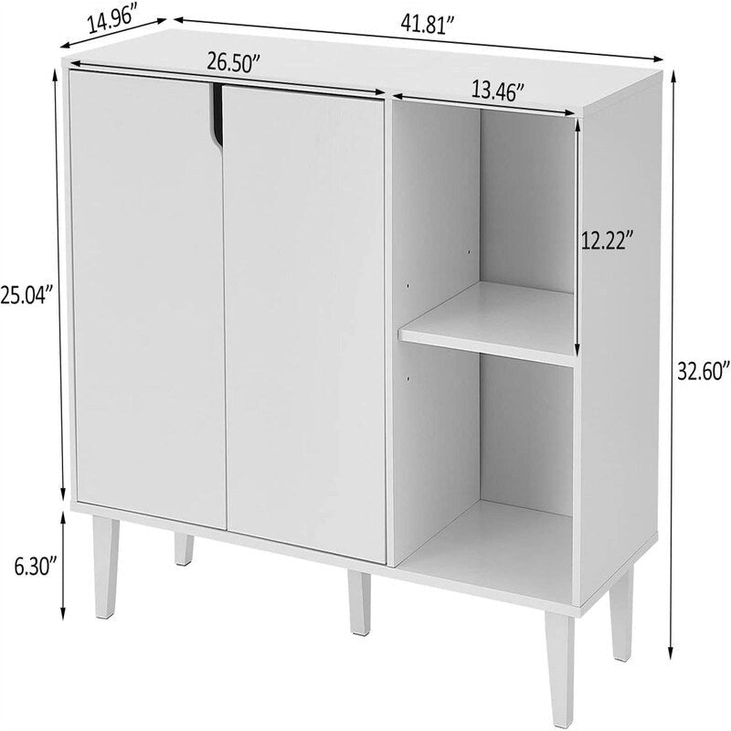 Buffet en bois blanc avec portes et étagères ouvertes