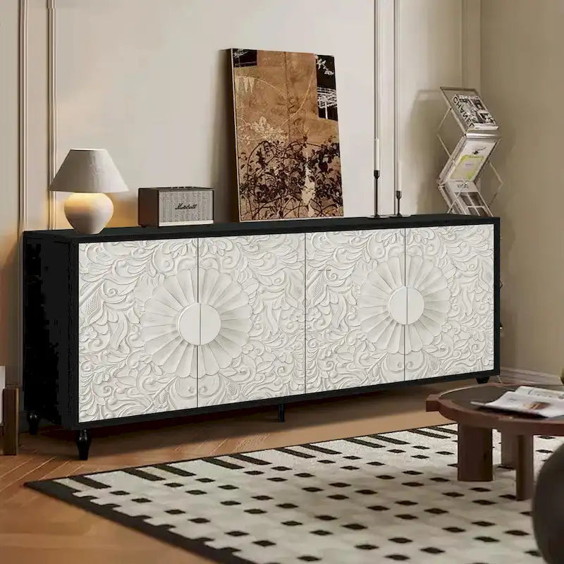 Buffet de rangement à porte sculptée florale blanche et cadre noir
