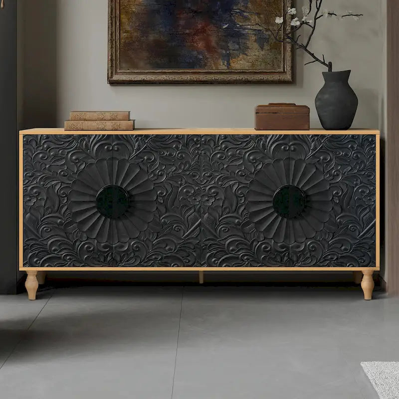 Buffet de rangement à porte sculptée florale blanche et cadre noir