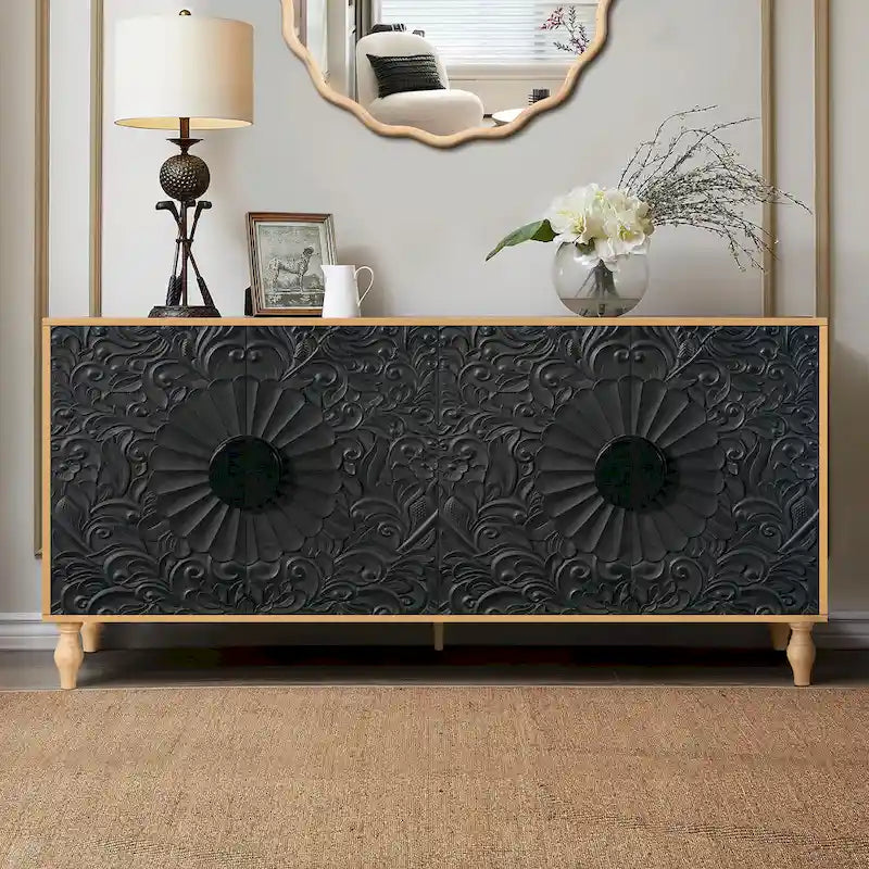Buffet de rangement à porte sculptée florale blanche et cadre noir