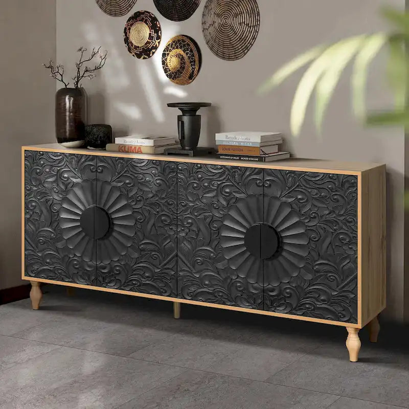 Buffet de rangement à porte sculptée florale blanche et cadre noir
