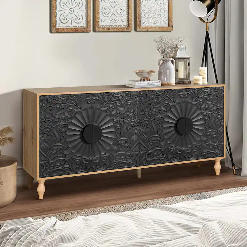 Buffet de rangement à porte sculptée florale blanche et cadre noir