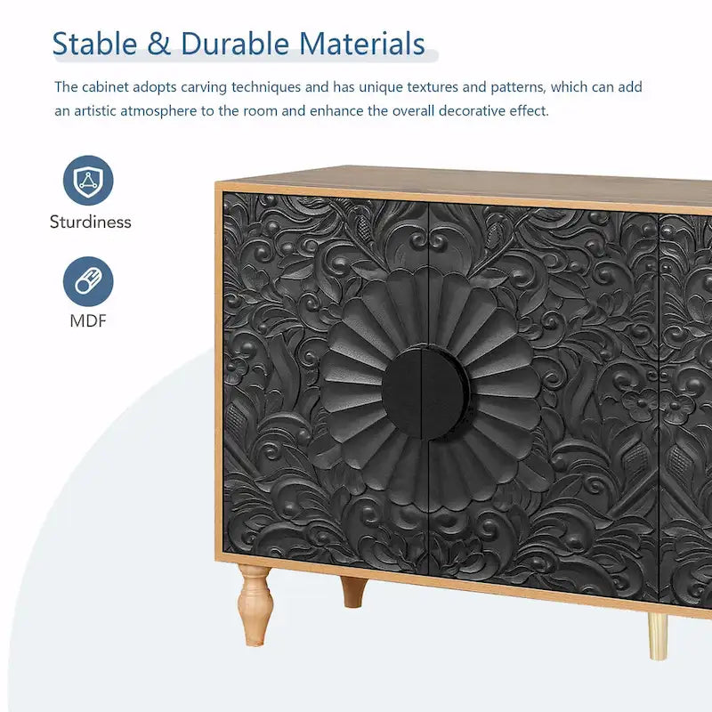 Buffet de rangement à porte sculptée florale blanche et cadre noir