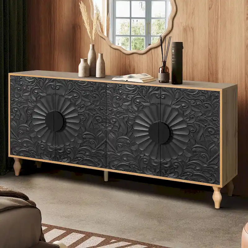 Buffet de rangement à porte sculptée florale blanche et cadre noir