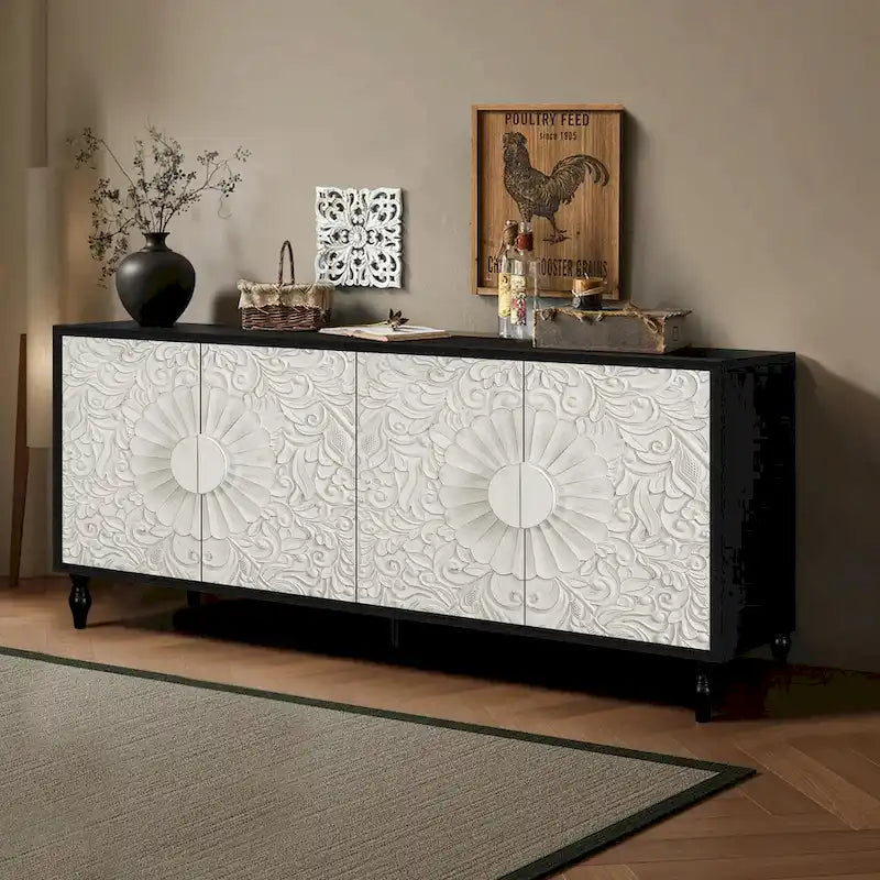 Buffet de rangement à porte sculptée florale blanche et cadre noir