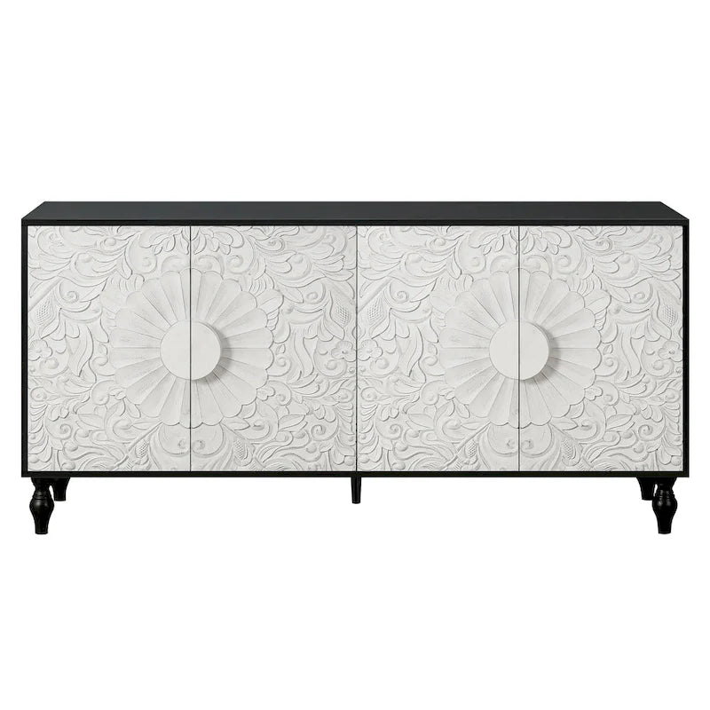 Buffet de rangement à porte sculptée florale blanche et cadre noir