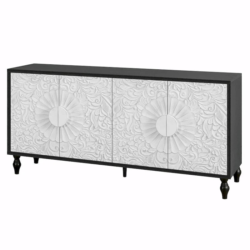 Buffet de rangement à porte sculptée florale blanche et cadre noir