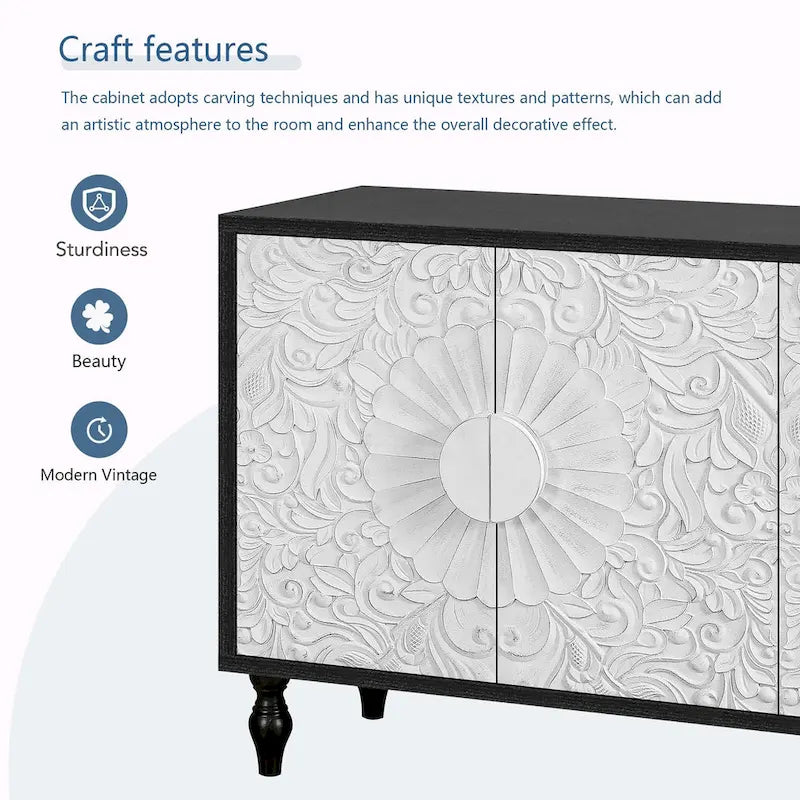 Buffet de rangement à porte sculptée florale blanche et cadre noir