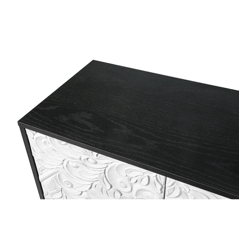 Buffet de rangement à porte sculptée florale blanche et cadre noir