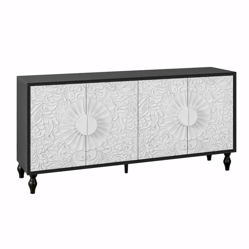 Buffet de rangement à porte sculptée florale blanche et cadre noir