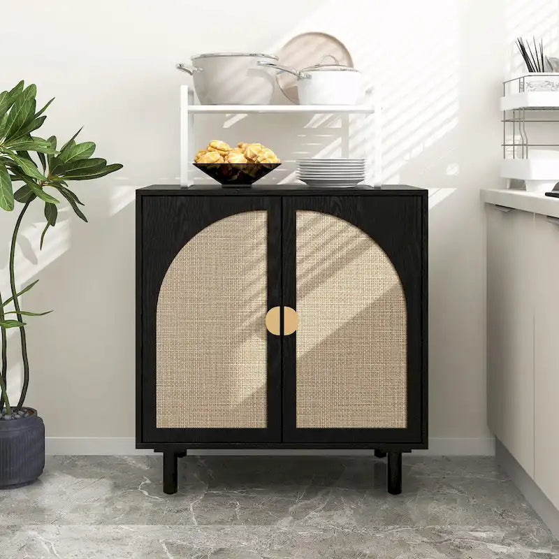 Meuble de rangement en rotin style bohème avec portes cintrées et étagères réglables Noir naturel