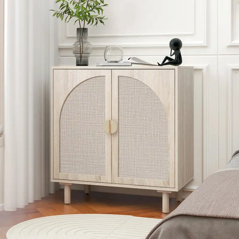 Meuble de rangement en rotin style bohème avec portes cintrées et étagères réglables Noir naturel
