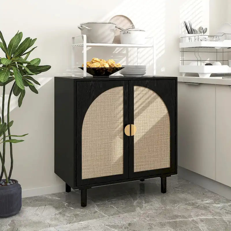 Meuble de rangement en rotin style bohème avec portes cintrées et étagères réglables Noir naturel