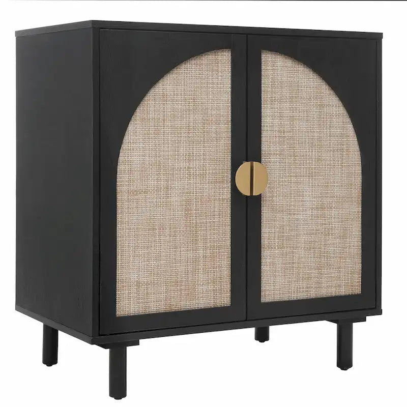 Meuble de rangement en rotin style bohème avec portes cintrées et étagères réglables Noir naturel