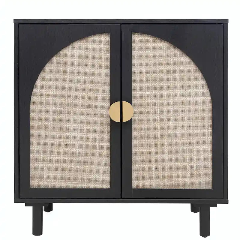 Meuble de rangement en rotin style bohème avec portes cintrées et étagères réglables Noir naturel