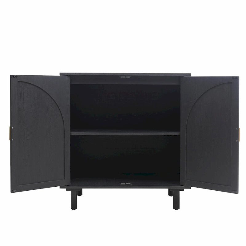 Meuble de rangement en rotin style bohème avec portes cintrées et étagères réglables Noir naturel