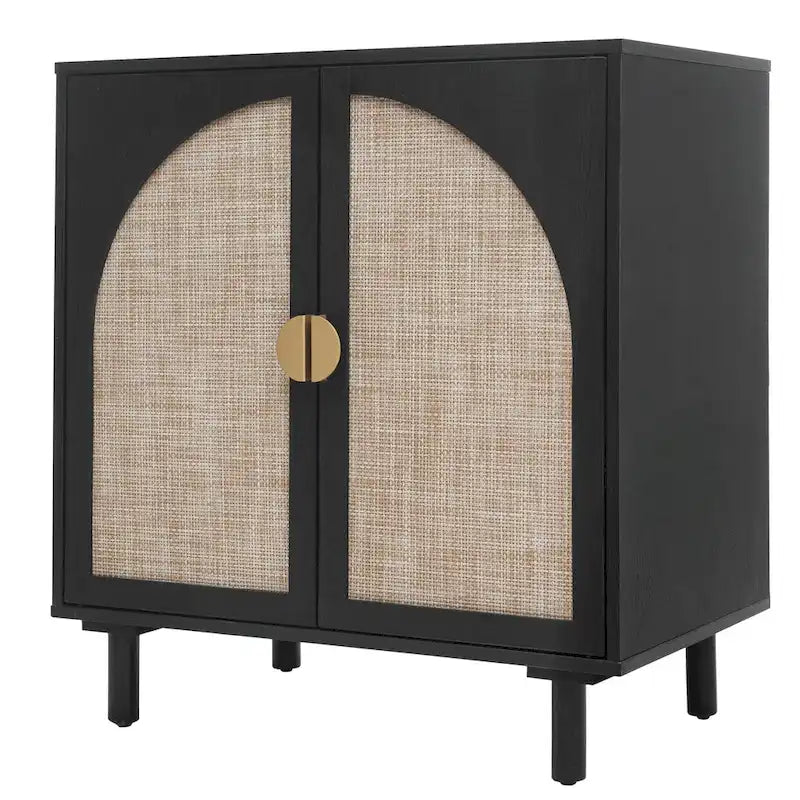 Meuble de rangement en rotin style bohème avec portes cintrées et étagères réglables Noir naturel