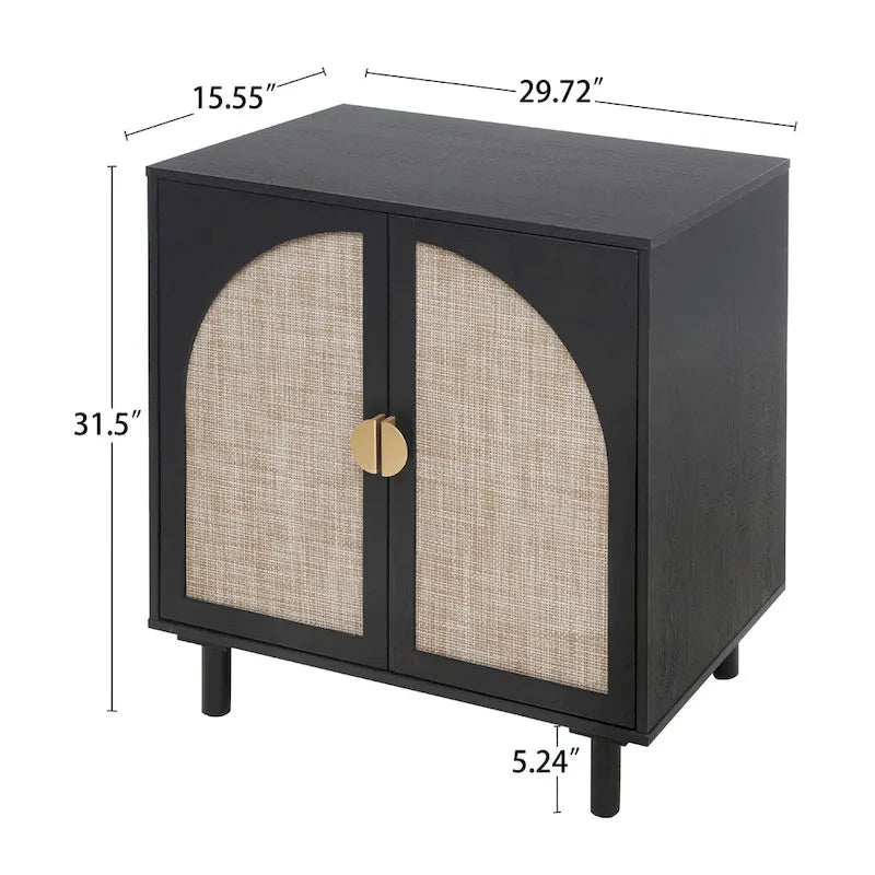 Meuble de rangement en rotin style bohème avec portes cintrées et étagères réglables Noir naturel