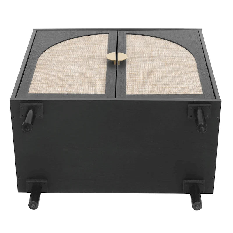 Meuble de rangement en rotin style bohème avec portes cintrées et étagères réglables Noir naturel
