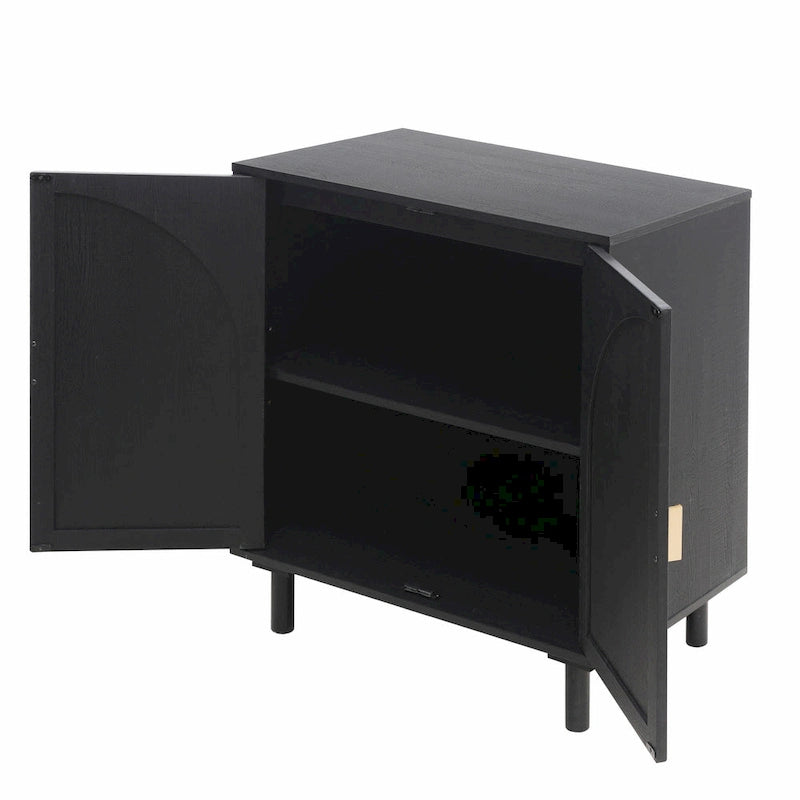 Meuble de rangement en rotin style bohème avec portes cintrées et étagères réglables Noir naturel