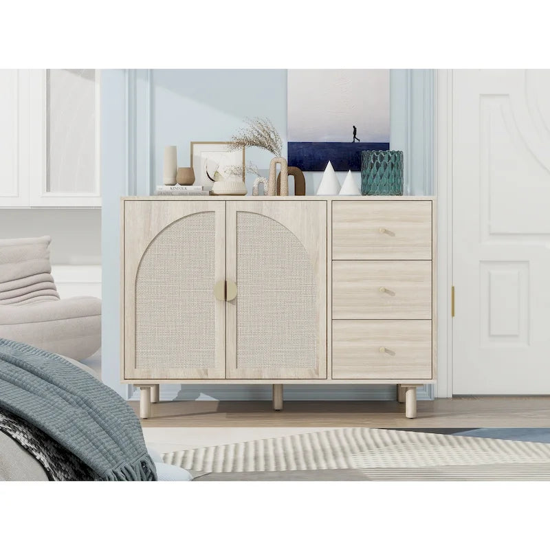 Buffet en rotin avec 2 portes et 3 tiroirs, finition bois naturel