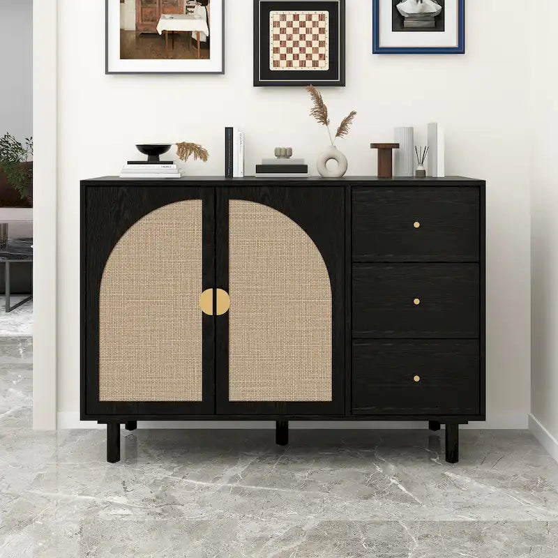 Buffet en rotin avec 2 portes et 3 tiroirs, finition bois naturel