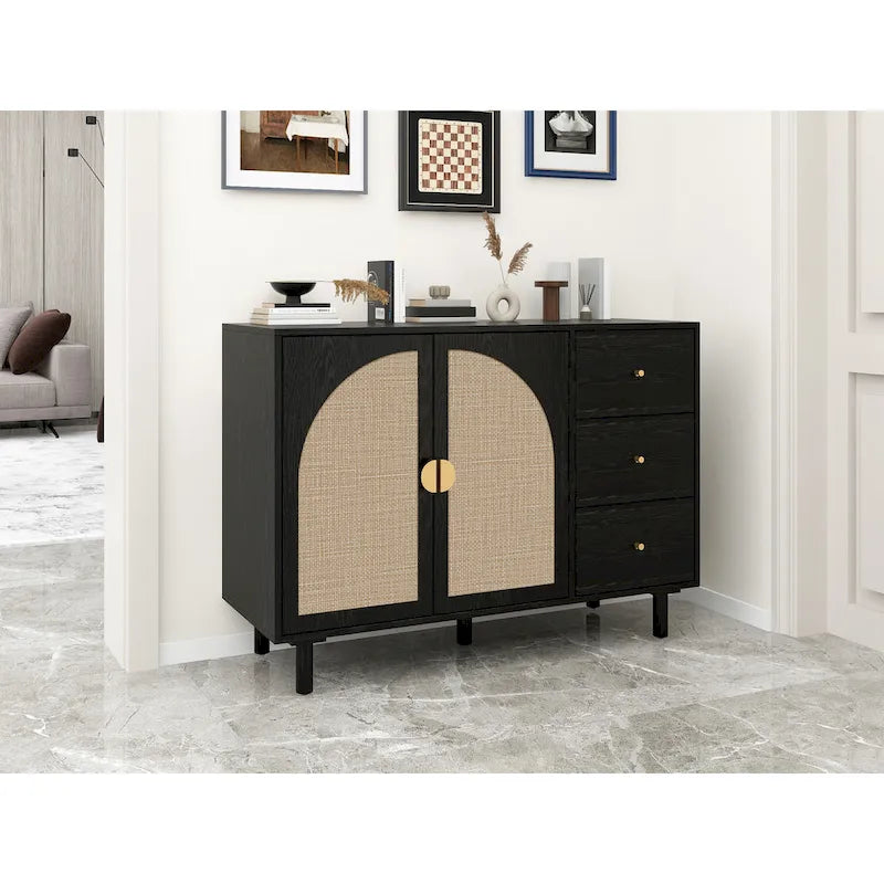 Buffet en rotin avec 2 portes et 3 tiroirs, finition bois naturel