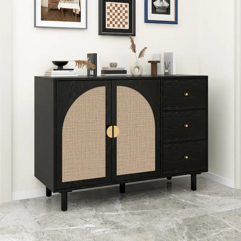 Buffet en rotin avec 2 portes et 3 tiroirs, finition bois naturel