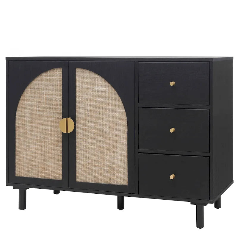 Buffet en rotin avec 2 portes et 3 tiroirs, finition bois naturel