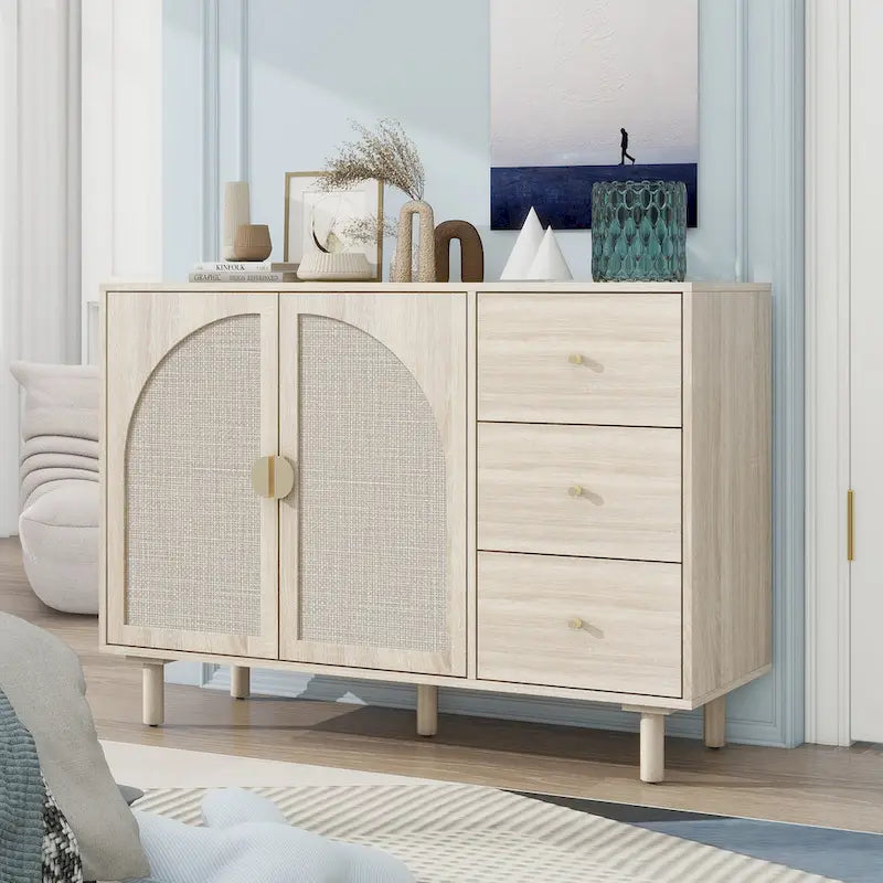 Buffet en rotin avec 2 portes et 3 tiroirs, finition bois naturel