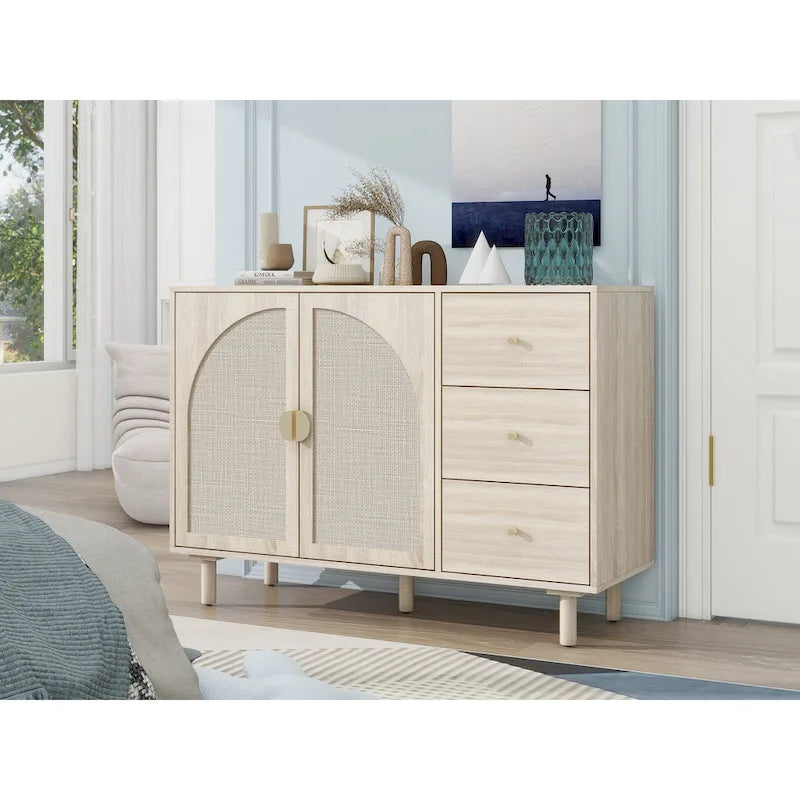 Buffet en rotin avec 2 portes et 3 tiroirs, finition bois naturel