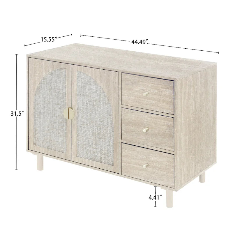 Buffet en rotin avec 2 portes et 3 tiroirs, finition bois naturel