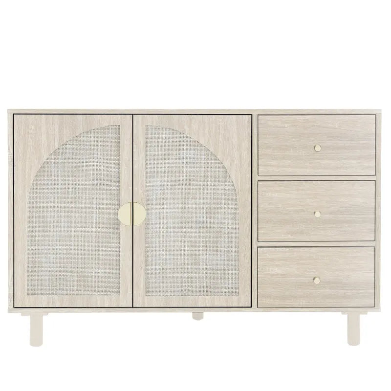 Buffet en rotin avec 2 portes et 3 tiroirs, finition bois naturel