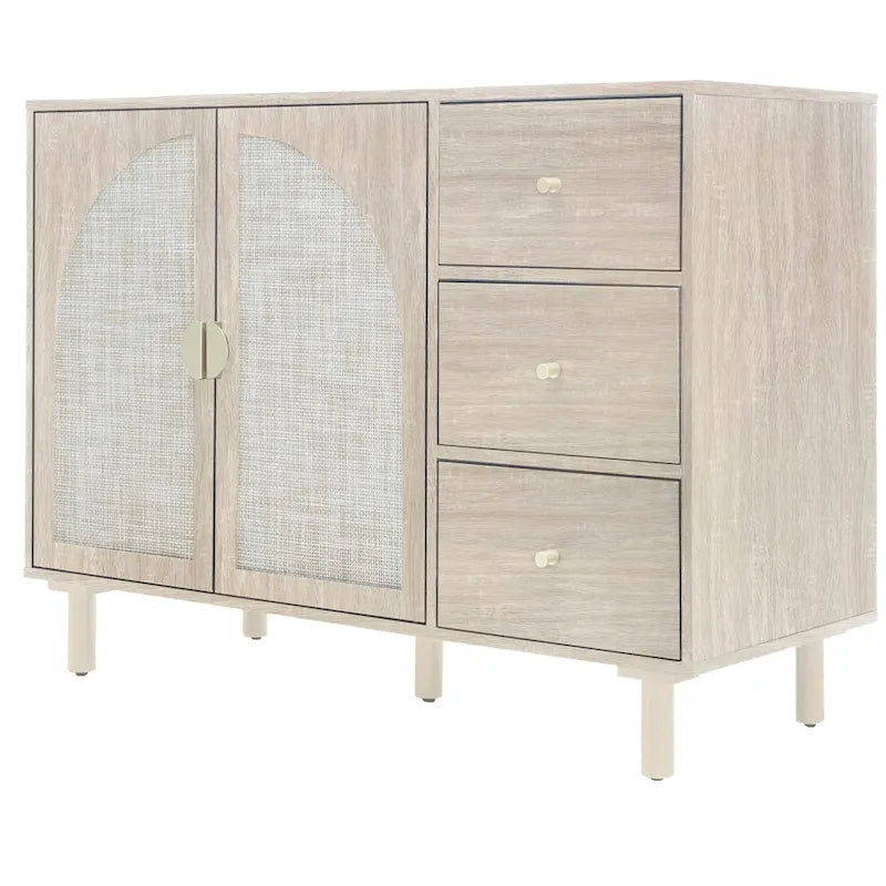 Buffet en rotin avec 2 portes et 3 tiroirs, finition bois naturel