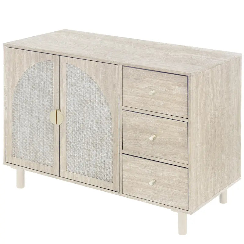 Buffet en rotin avec 2 portes et 3 tiroirs, finition bois naturel