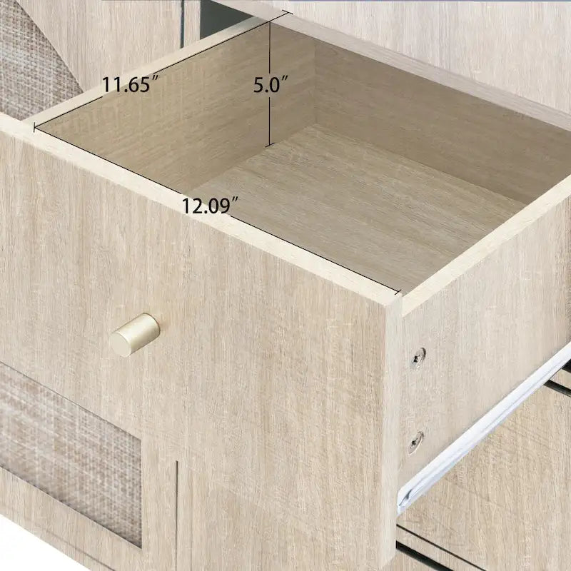 Buffet en rotin avec 2 portes et 3 tiroirs, finition bois naturel
