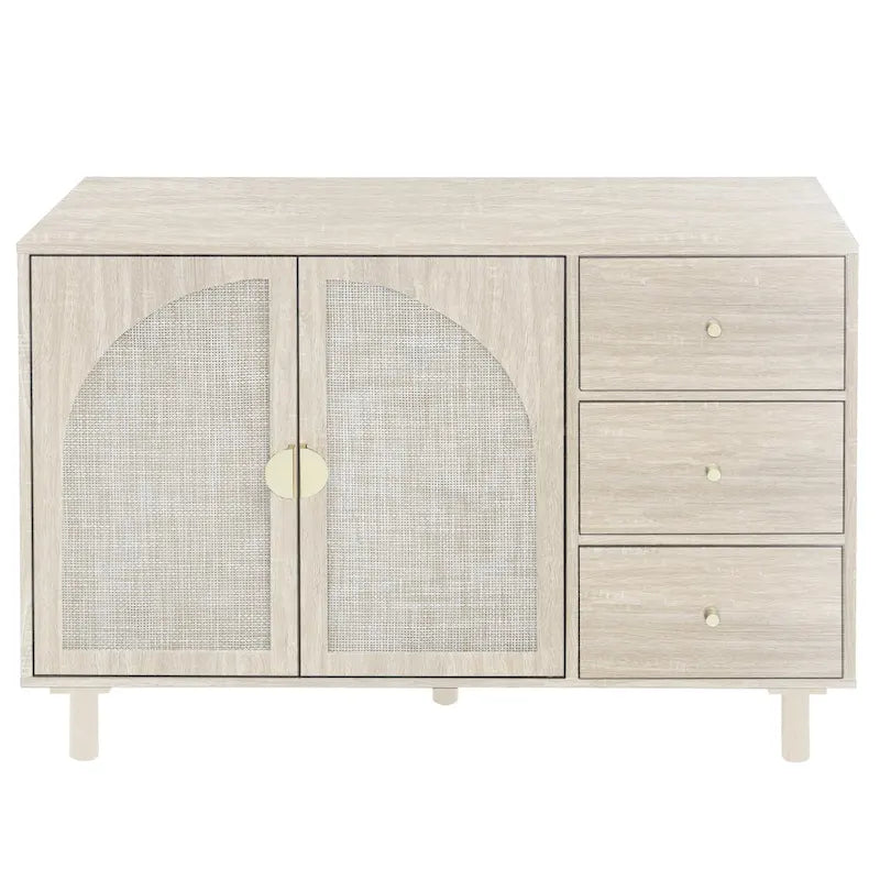 Buffet en rotin avec 2 portes et 3 tiroirs, finition bois naturel