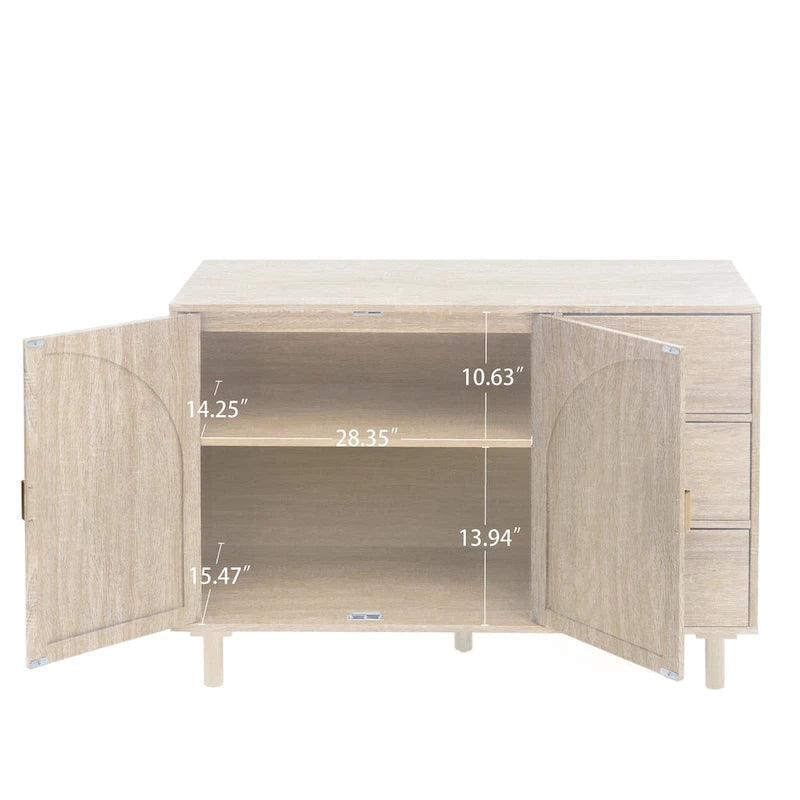 Buffet en rotin avec 2 portes et 3 tiroirs, finition bois naturel