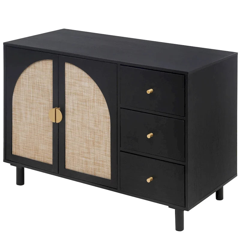 Buffet en rotin avec 2 portes et 3 tiroirs, finition bois naturel