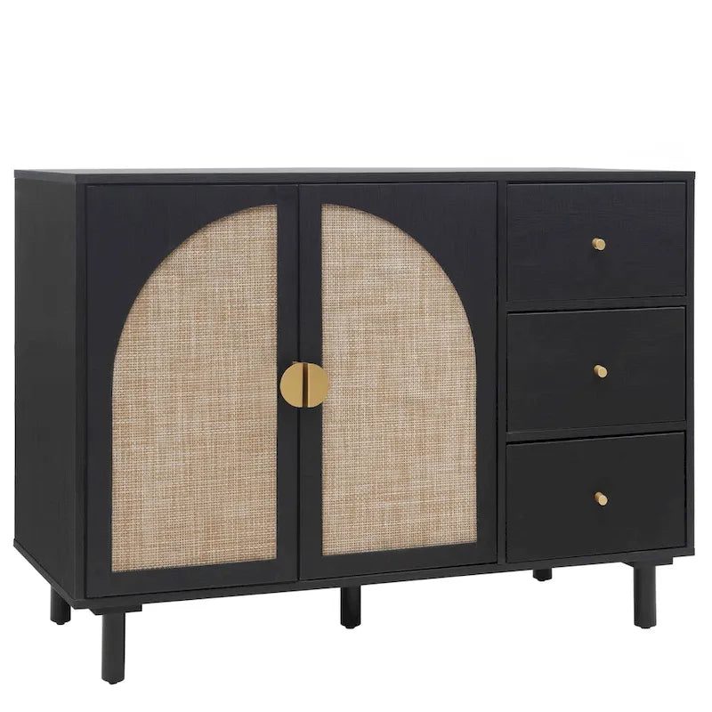 Buffet en rotin avec 2 portes et 3 tiroirs, finition bois naturel