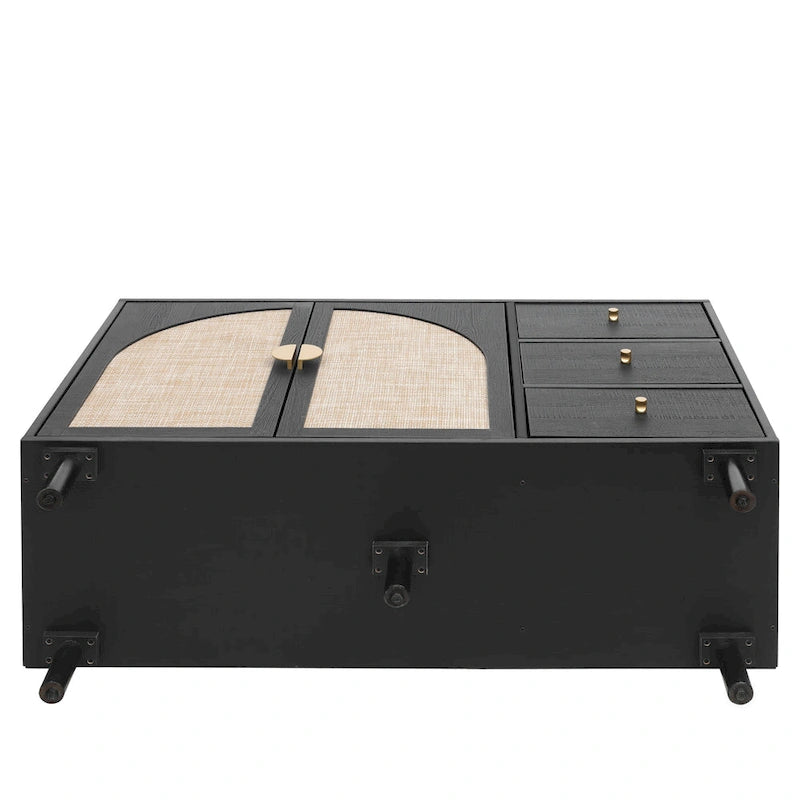 Buffet en rotin avec 2 portes et 3 tiroirs, finition bois naturel
