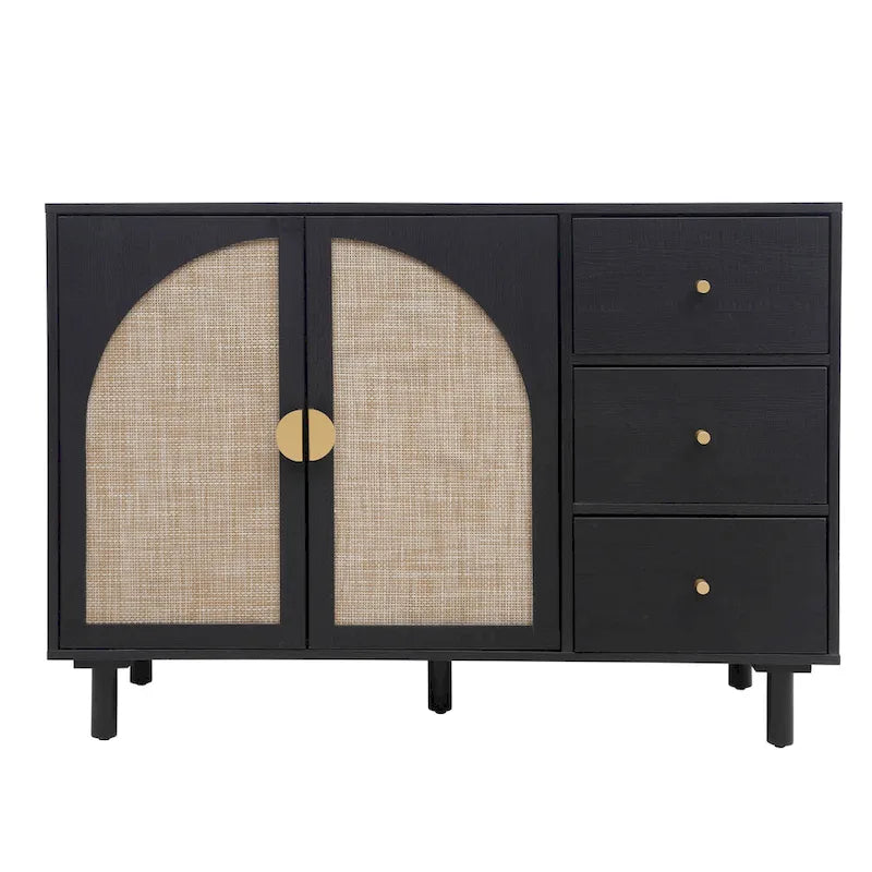 Buffet en rotin avec 2 portes et 3 tiroirs, finition bois naturel