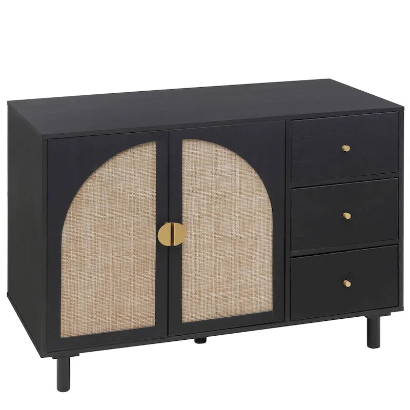 Buffet en rotin avec 2 portes et 3 tiroirs, finition bois naturel